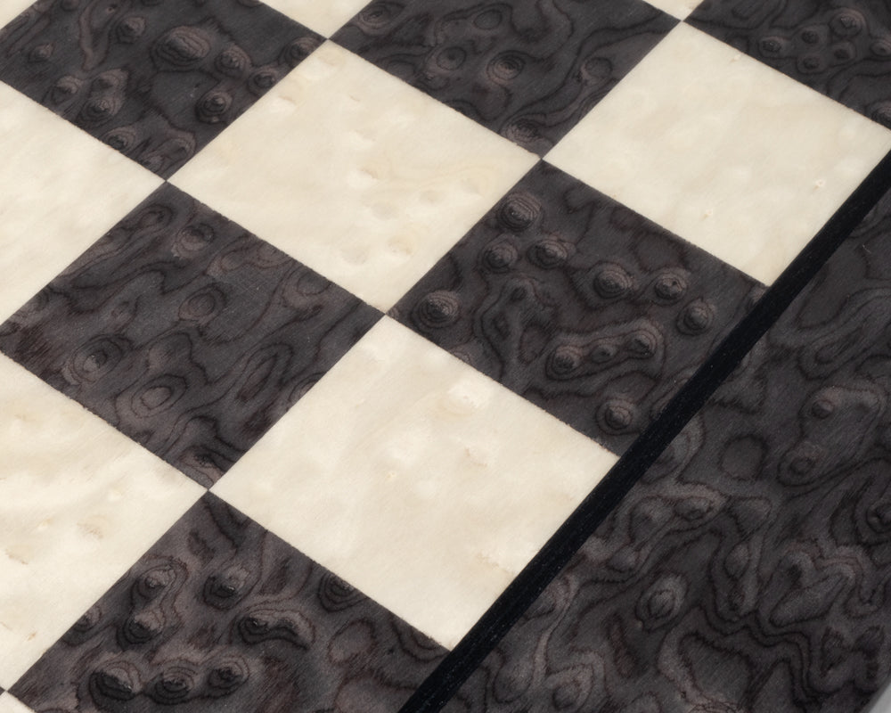 Close-up of the 20 Inch Grey Erable Chess Board with traditional Staunton design, showcasing intricate wood grain and polished finish.