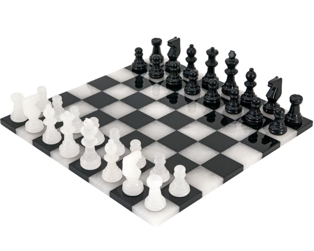 Black and White Edge to Edge Alabaster Chess Set 14 Inches with Handcrafted High Gloss Staunton Pieces on Polished Alabaster Board