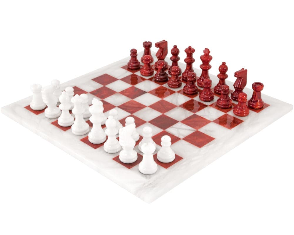 Red and white alabaster chess set with a polished finish, 14.5 inches, crafted in Italy by Scali Alabastro, showcasing a stunning and unique design.