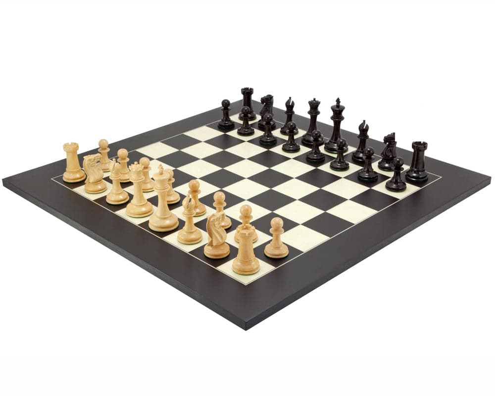 Old English Elite Ebony and Black Luxury Chess Set on Black and Maple Deluxe Chessboard with 4 inch King Height