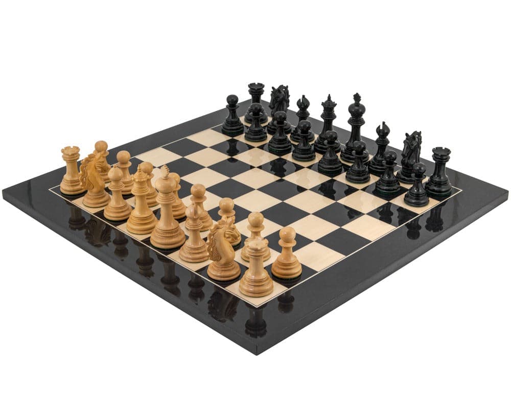 Constantine Series Ebony Chess Set on high gloss Spanish board with Staunton design pieces arranged for a game.