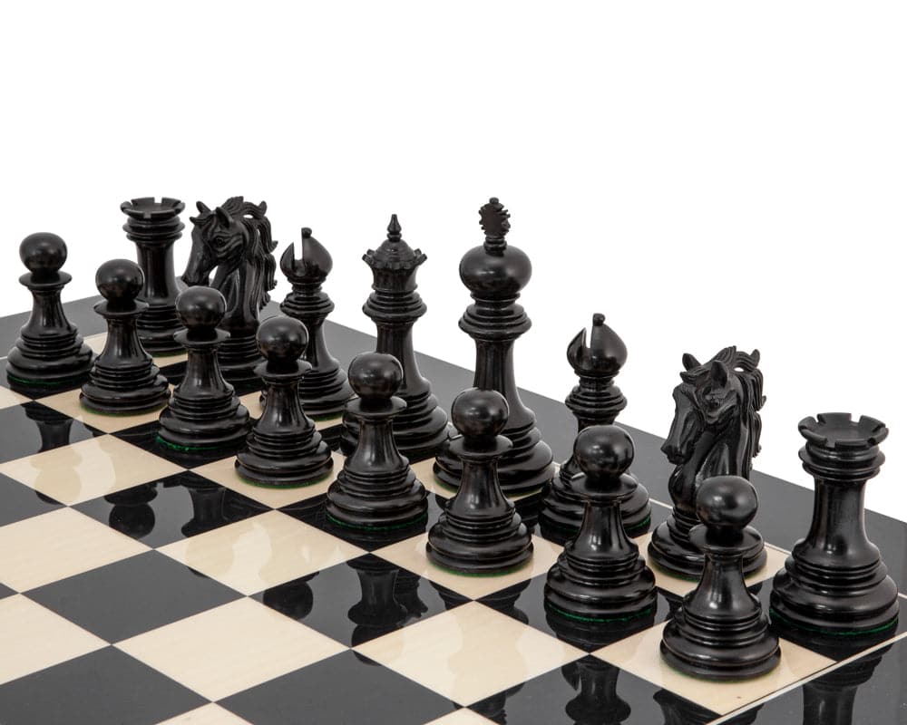 Constantine Series Ebony Chess Set on 23.6 inch high gloss Spanish board with Staunton design pieces.