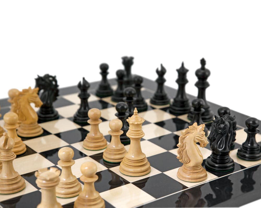 Constantine Series Ebony Chess Set on high gloss Spanish board with ornate Staunton design pieces