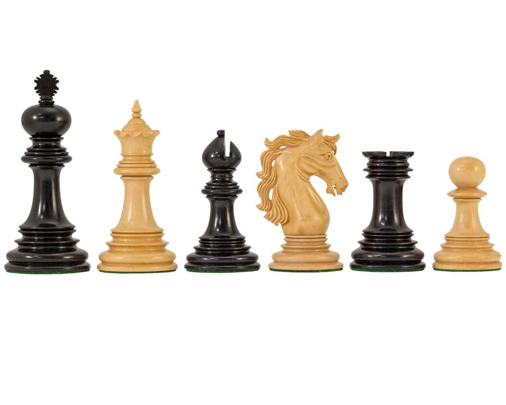 Ornate pieces from the Constantine Series Ebony Chess Set with a black and natural finish, showcasing the king, queen, bishop, knight, rook, and pawn.