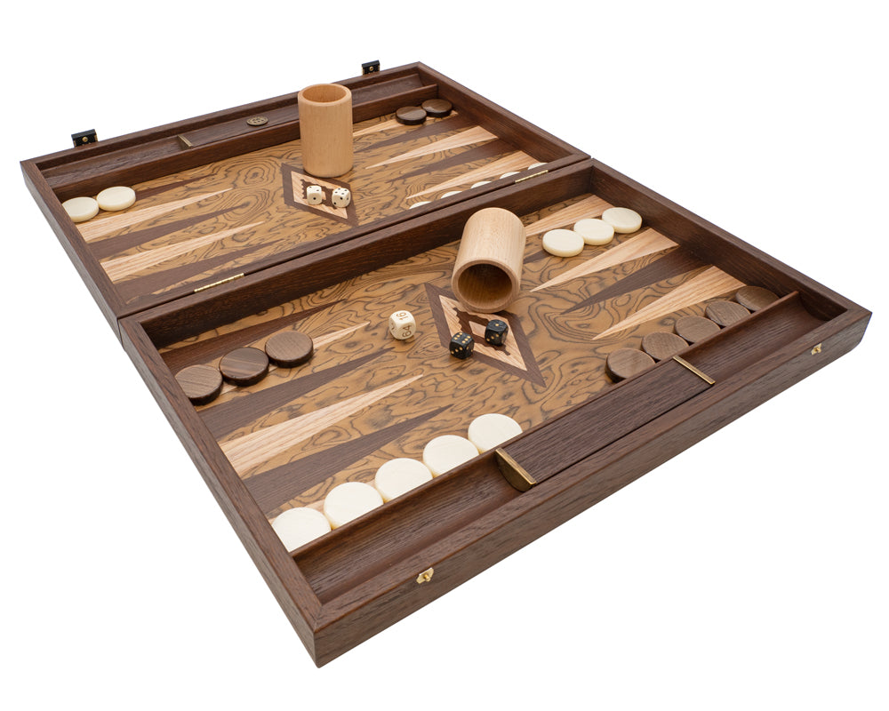 Le jeu de backgammon de luxe Manopoulos en ronce de noyer et wengé avec des coupes de luxe