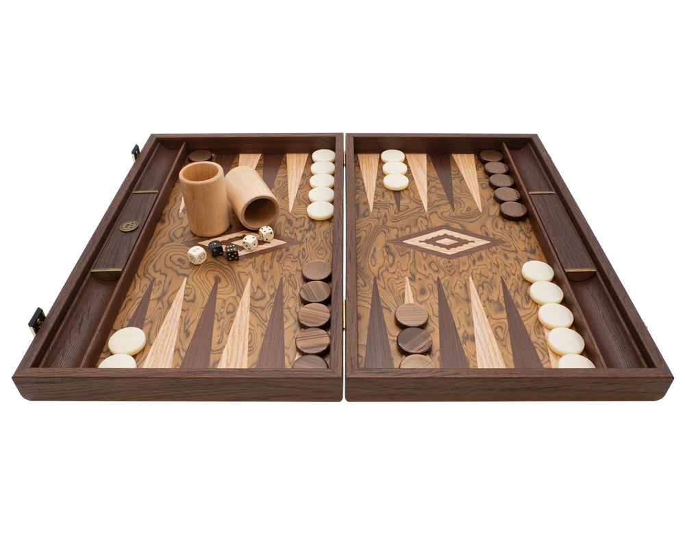 Le jeu de backgammon de luxe Manopoulos en ronce de noyer et wengé avec des coupes de luxe