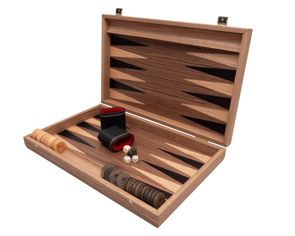 Tournament Walnut & Maple Backgammon Set Premium Edition by Manopoulos with deluxe leatherette cups, wooden stones, dice, and real wood inlays.