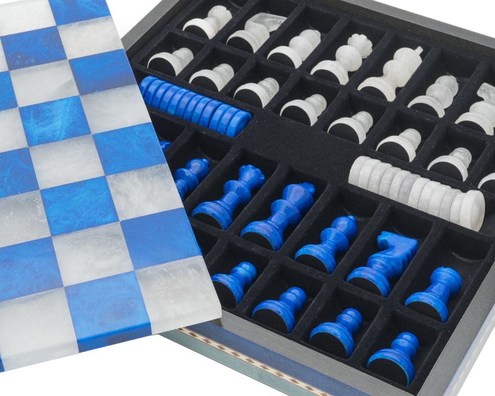 Blue and white alabaster chess and draughts set with inlaid wooden cabinet, showing matching pieces and 14.5-inch board.