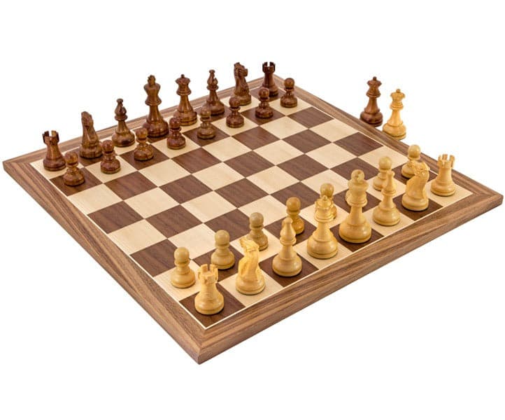 American Sheesham and Walnut Chess Set with intricate Staunton chessmen on European walnut and maple board.