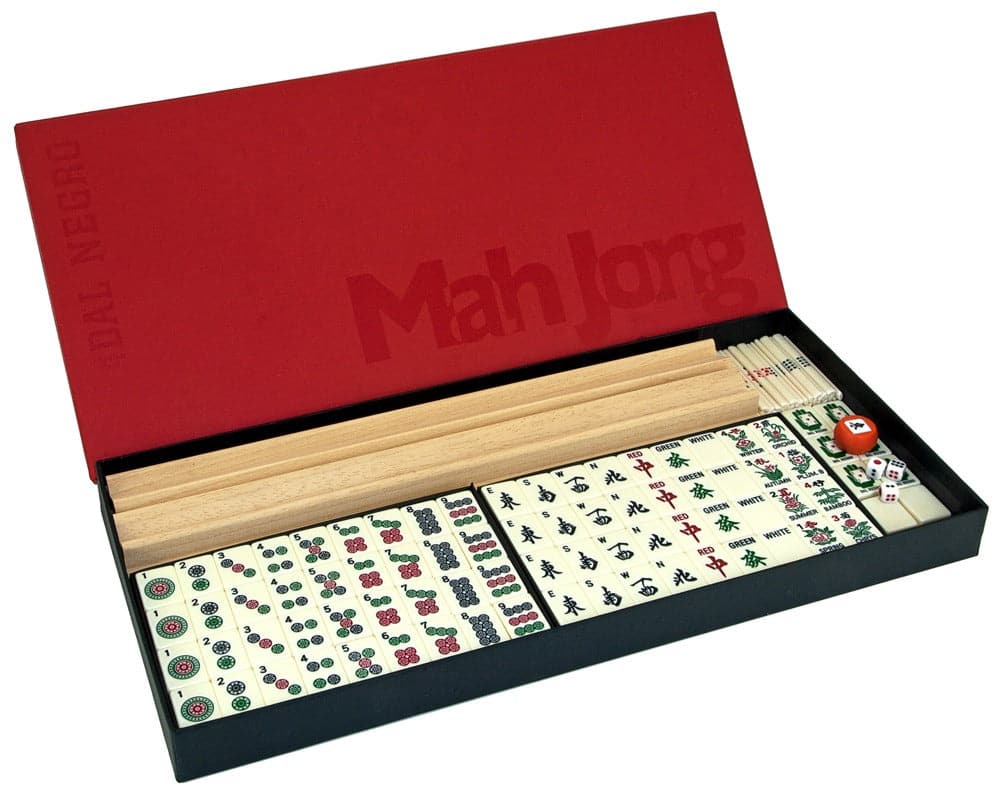 Dal Negro Deluxe Mah Jong Set - European edition with red lid, wooden racks, and detailed tiles in an open box