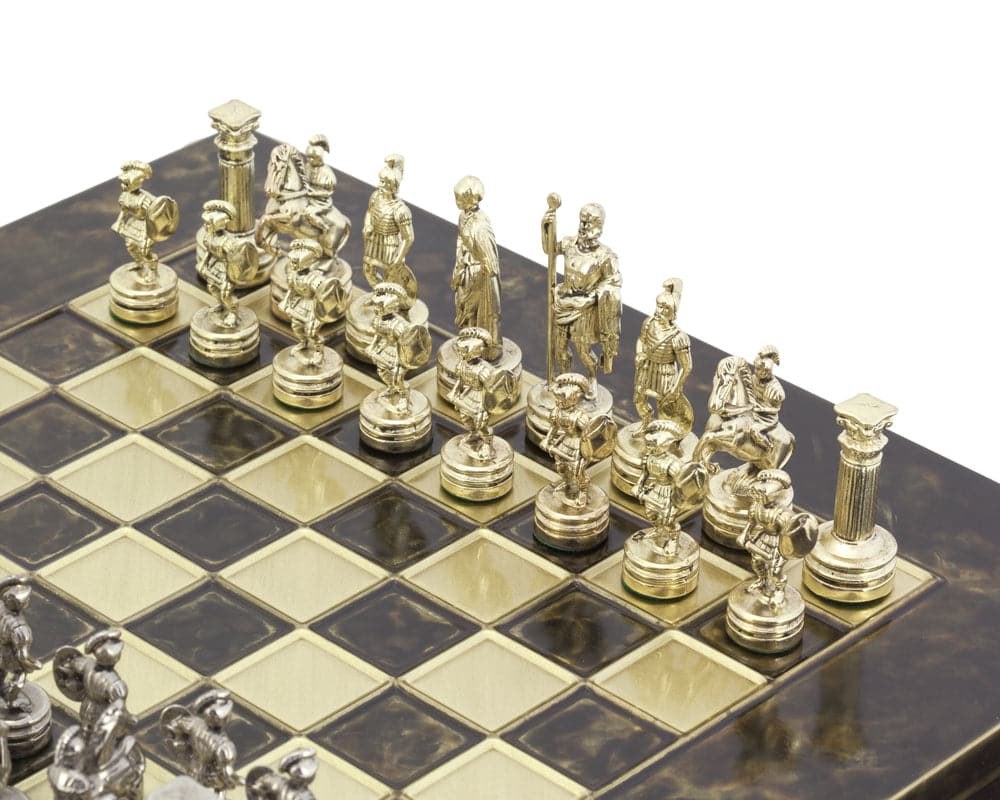 Greek Roman Army metal chess set with brass and nickel plated pieces on a wooden board.