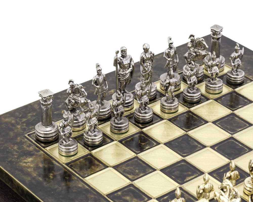 Greek Roman Army metal chess set with brass and nickel plated pieces on wooden board showing detailed military figurines