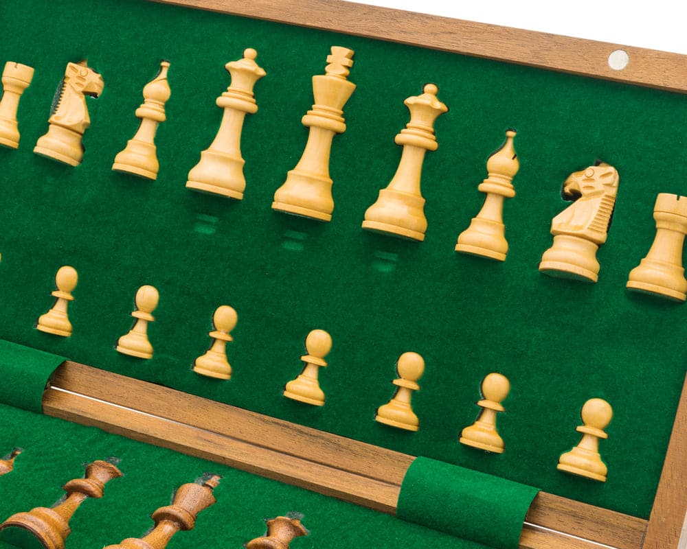 Deluxe hardwood folding travel magnetic chess set with intricately crafted wooden pieces displayed inside the board