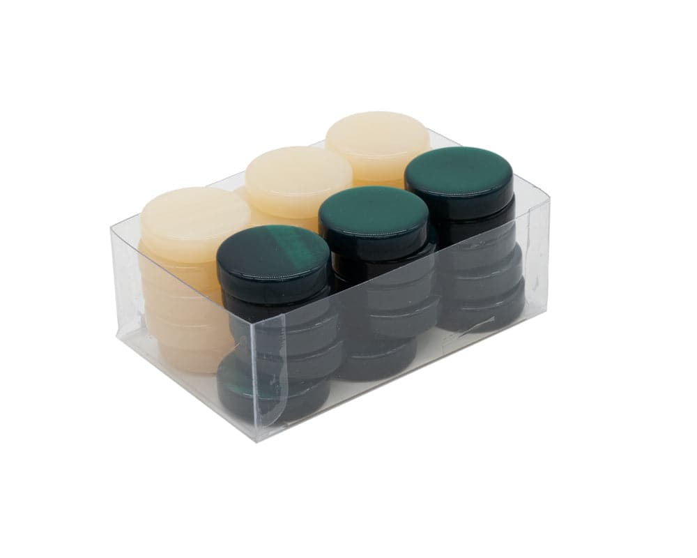 Mother of Pearl Acrylic Flat Backgammon Stones Green and Ivory 26mm in a clear plastic box