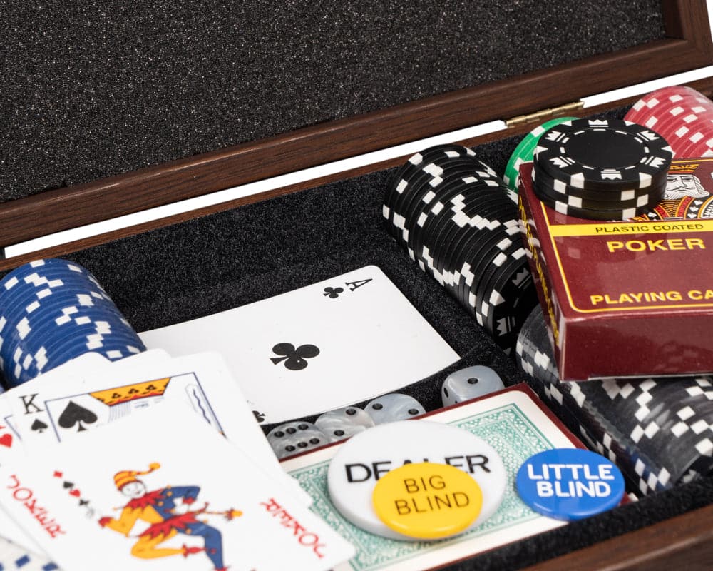 Deluxe poker compendium in walnut case from Athens, Greece, featuring playing cards, poker chips, and dealer buttons. Perfect gift.