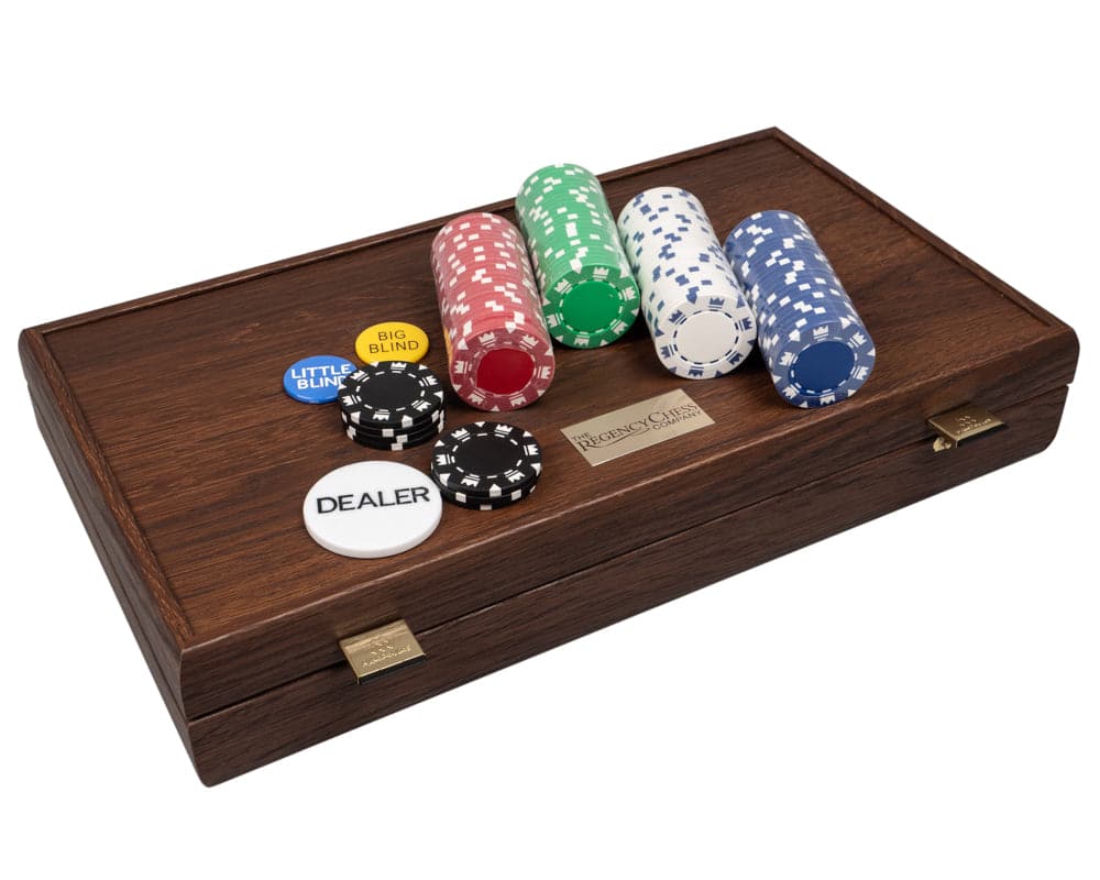 Deluxe Poker Compendium in Walnut Case with Chips and Dealer Buttons - Perfect Gift from The Regency Chess Company