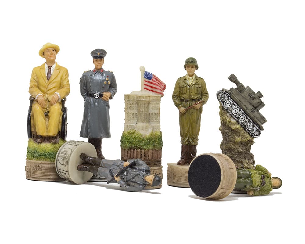 Hand-painted WW2 themed chess pieces featuring Roosevelt and military figures by Italfama, perfect for 16-inch chess boards