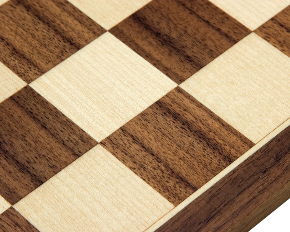 Close-up of 13.75-inch Walnut and Maple chess board with 1.5-inch playing squares, crafted by Rechapados Ferrer S.A., Spain.