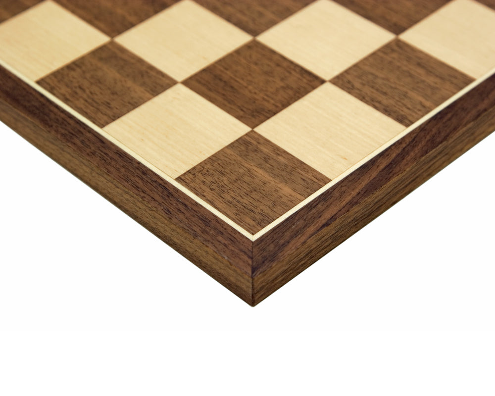 15.75 inch Walnut and Maple chess board with 1.75 inch playing squares, crafted by Rechapados Ferrer S.A. in Spain.