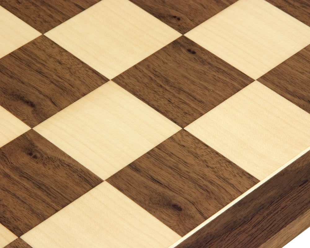 21.7 inch high grade walnut and maple chess board with 2.3 inch playing squares, crafted in Spain with modern fabrication techniques.