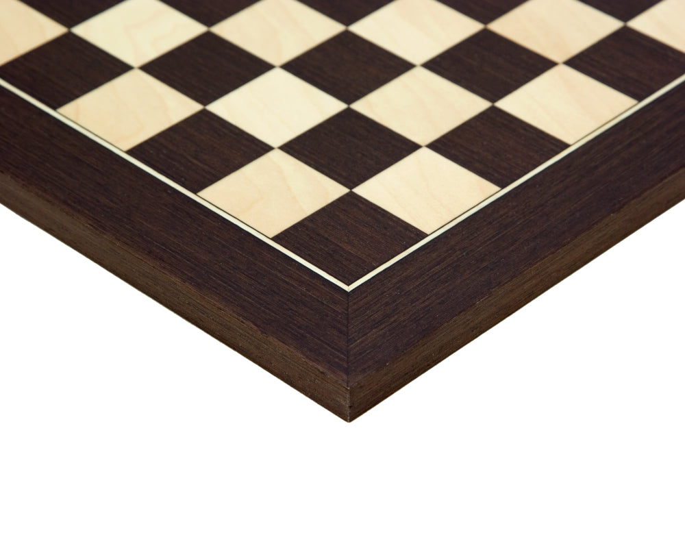 High grade 13.75 inch Wenge and Maple chess board by Rechapados Ferrer, featuring 1.37 inch playing squares, crafted in Spain.