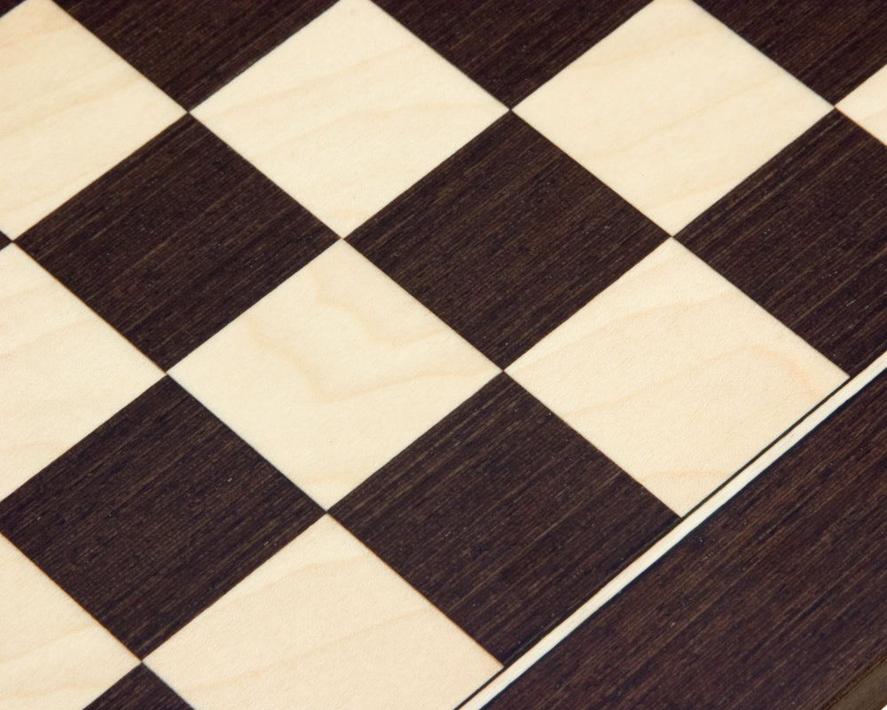 13.75 Inch Wenge and Maple Deluxe Chess Board crafted in Spain by Rechapados Ferrer with 1.37 inch playing squares and high-grade veneer finish.