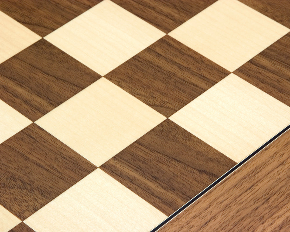 23.6 Inch deluxe walnut and maple chess board with 2.36 inch squares, handcrafted by Rechapados Ferrer in Spain, showing high-quality veneer finish.