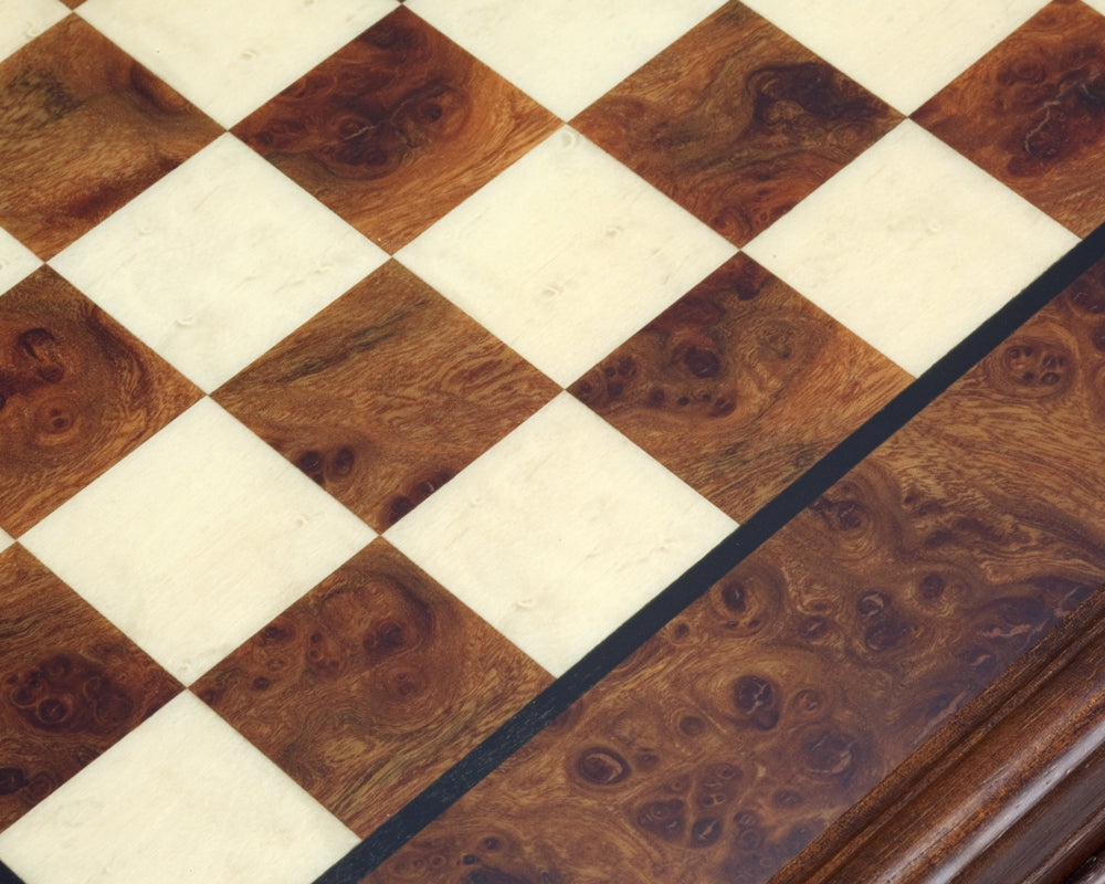 Close-up of the 20.6 Inch Briarwood and Elm Chess Cabinet's playing surface, highlighting the intricate wood grain and craftsmanship.