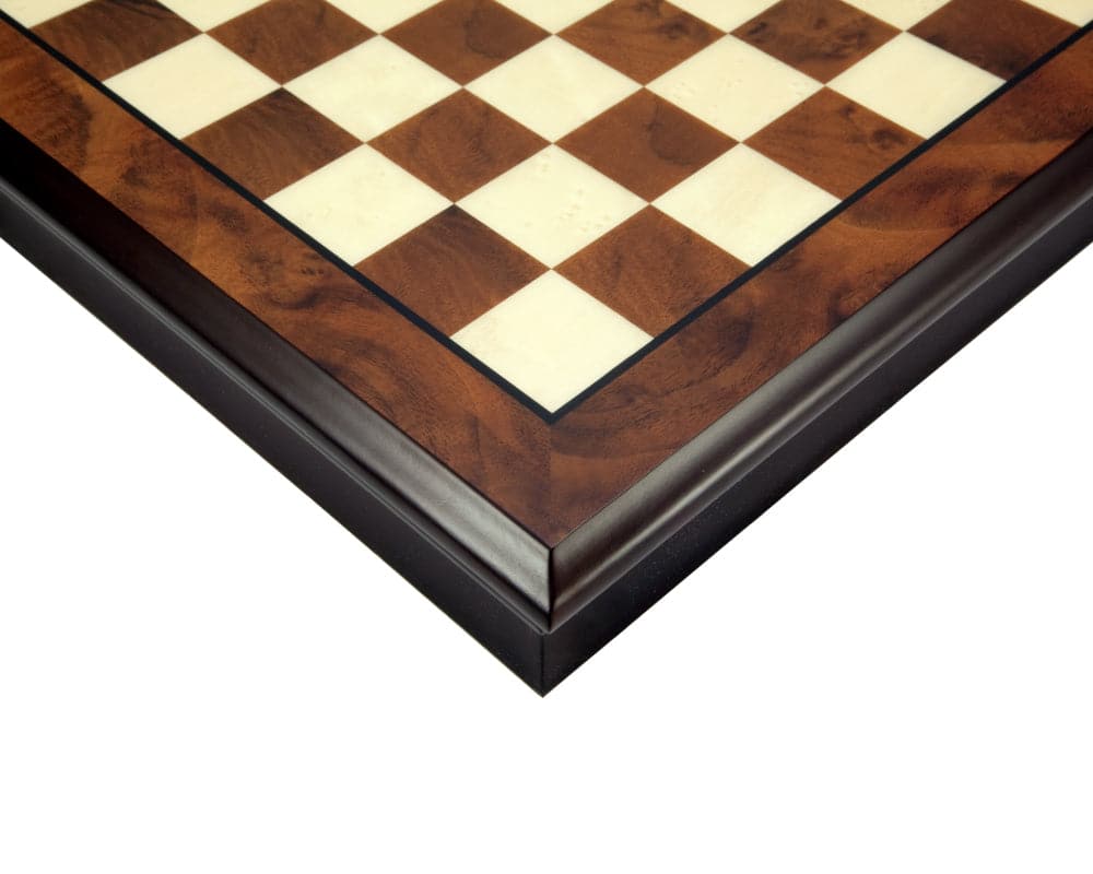 Close-up of a 17-inch Walnut and Maple Chess Cabinet with a high-quality finish and unique carving design.