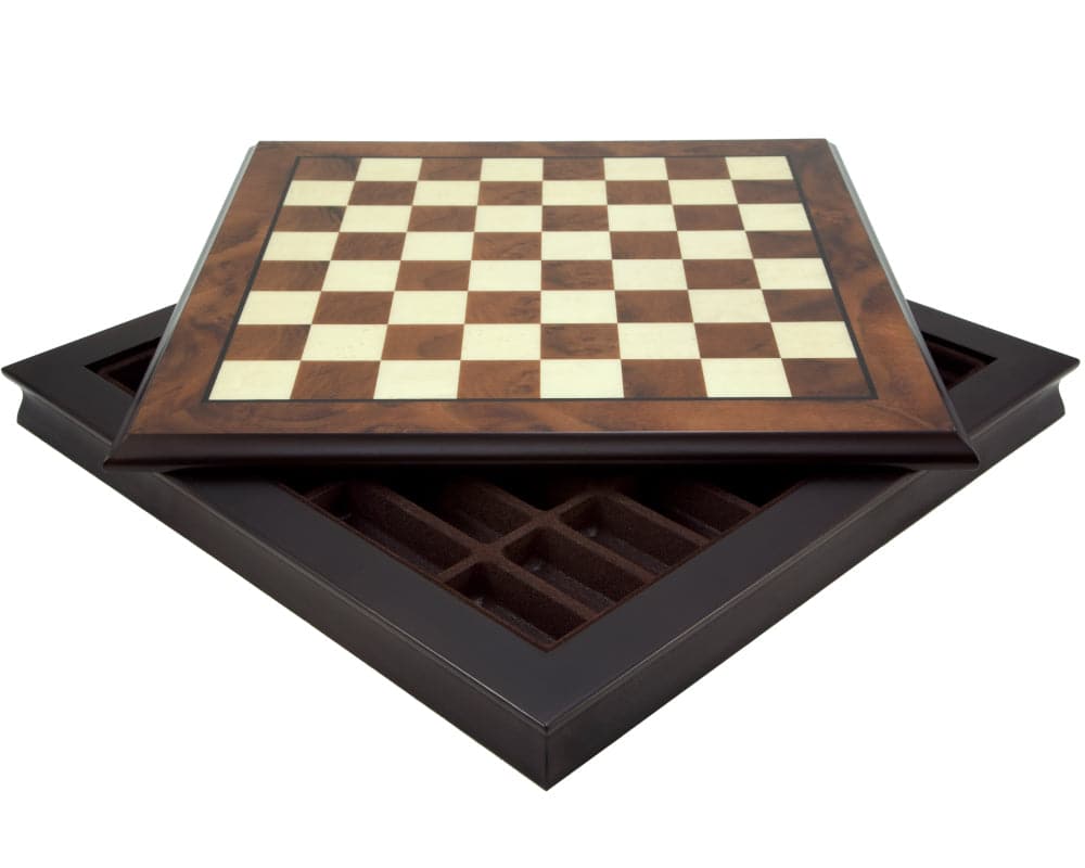 17 Inch Walnut and Maple Chess Cabinet with Removable Lid, perfect for boards with larger squares, superb detail and high quality finish.