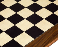 Close-up of 23.6 inch black Anegre and Palisander deluxe chess board with high gloss finish and 2.36 inch playing squares.