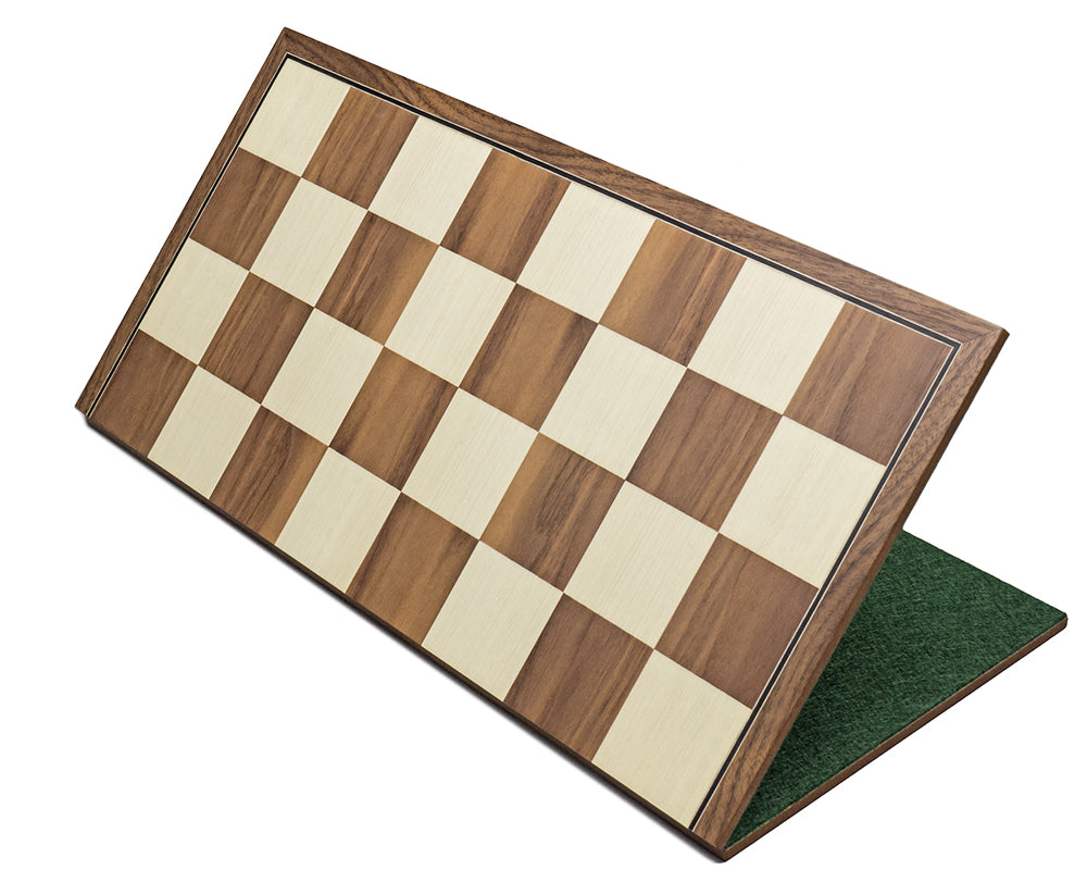 16.75 inch folding walnut and maple chess board with ebonised border and billiard cloth base, made in Spain, perfect for 3.5-3.75 inch chessmen