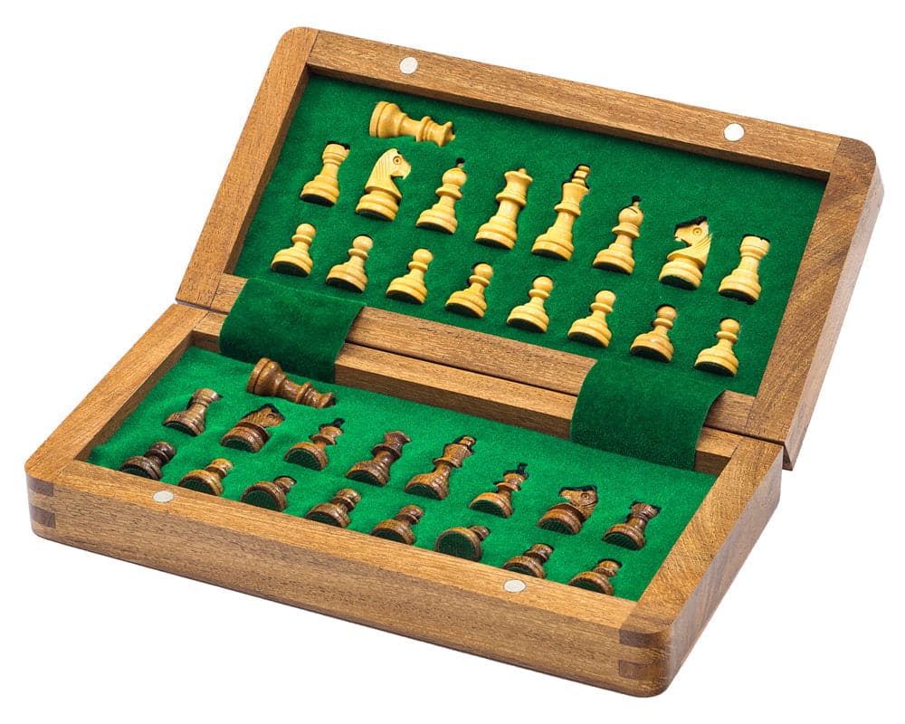 Deluxe hardwood folding chess set with miniature magnetic pieces in an open wooden box