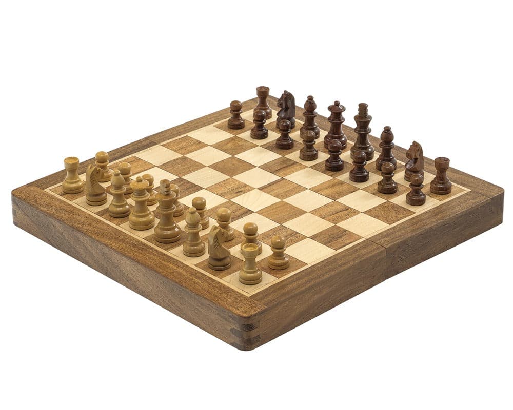 Deluxe hardwood folding travel 10 inch magnetic chess set with Staunton-style wooden chessmen on a Babul and Boxwood board.