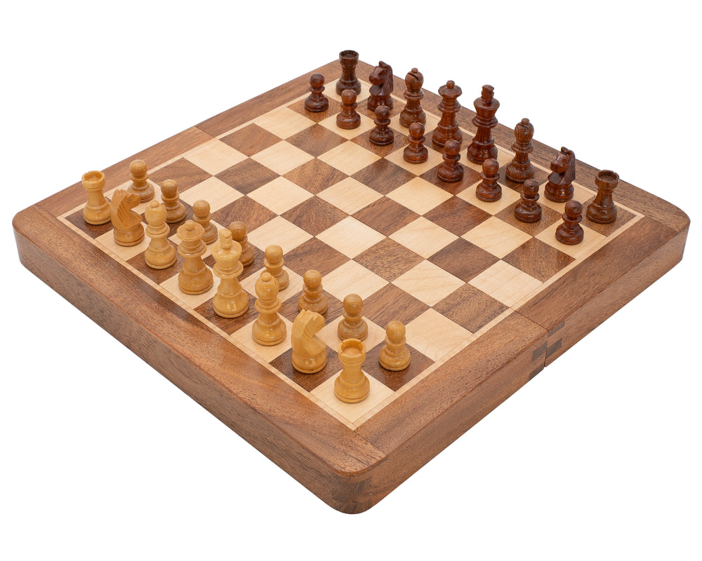 Houten magnetisch schaakbord met schaakstukken 28 x 28 cm opvouwbaar