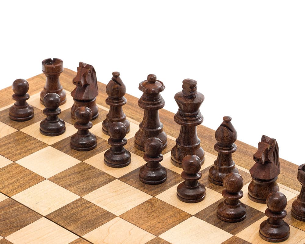 Deluxe hardwood folding chess set with detailed magnetic pieces on a beautifully inlaid and hand-polished 12-inch board.