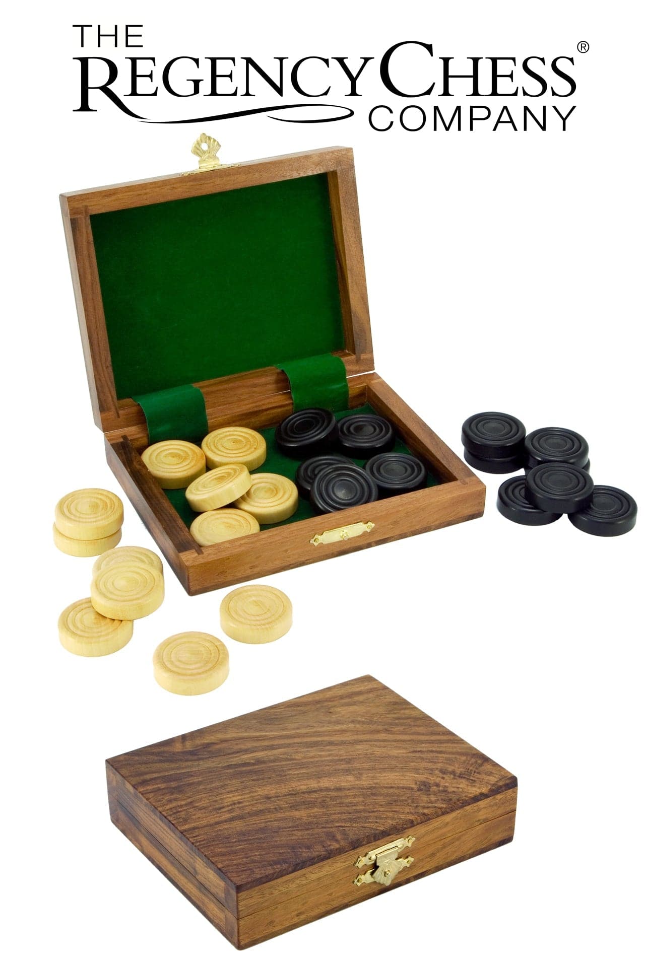 Sheesham and Boxwood Draughts Box Set with Hinged Sheesham Box, Green Felt Lining, and Wax Finish