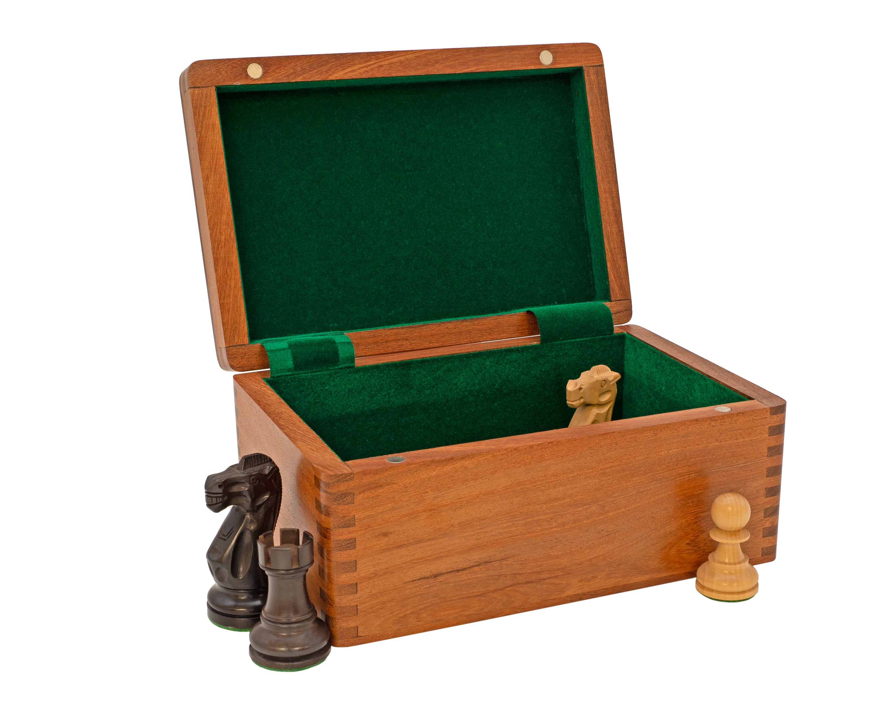 Coffret de rangement pour pièces d’échecs en bois massif de babul, poli, avec couvercle à charnières