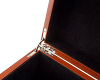 Close-up of Root Wood Burl Chess Piece Case with chrome-plated quadrant hinge and plush black flocked compartments and base.