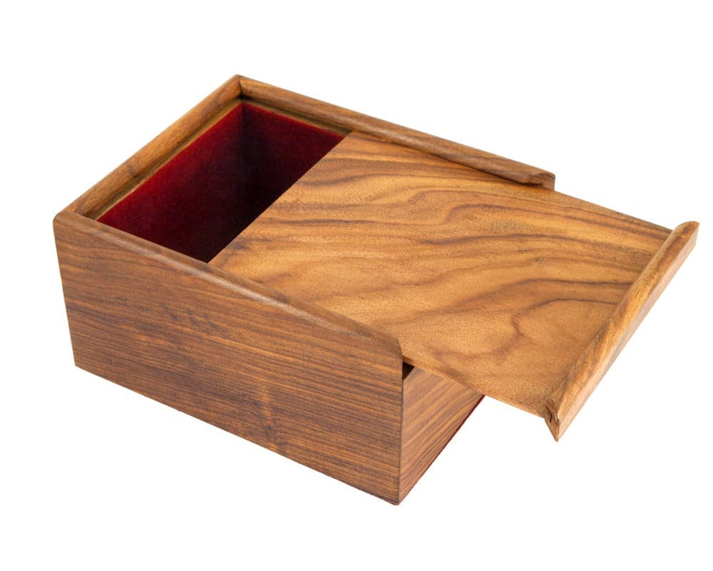 Wooden chess piece case with sliding lid and deep grain finish in exotic hardwood, showcasing a luxurious and strong design.