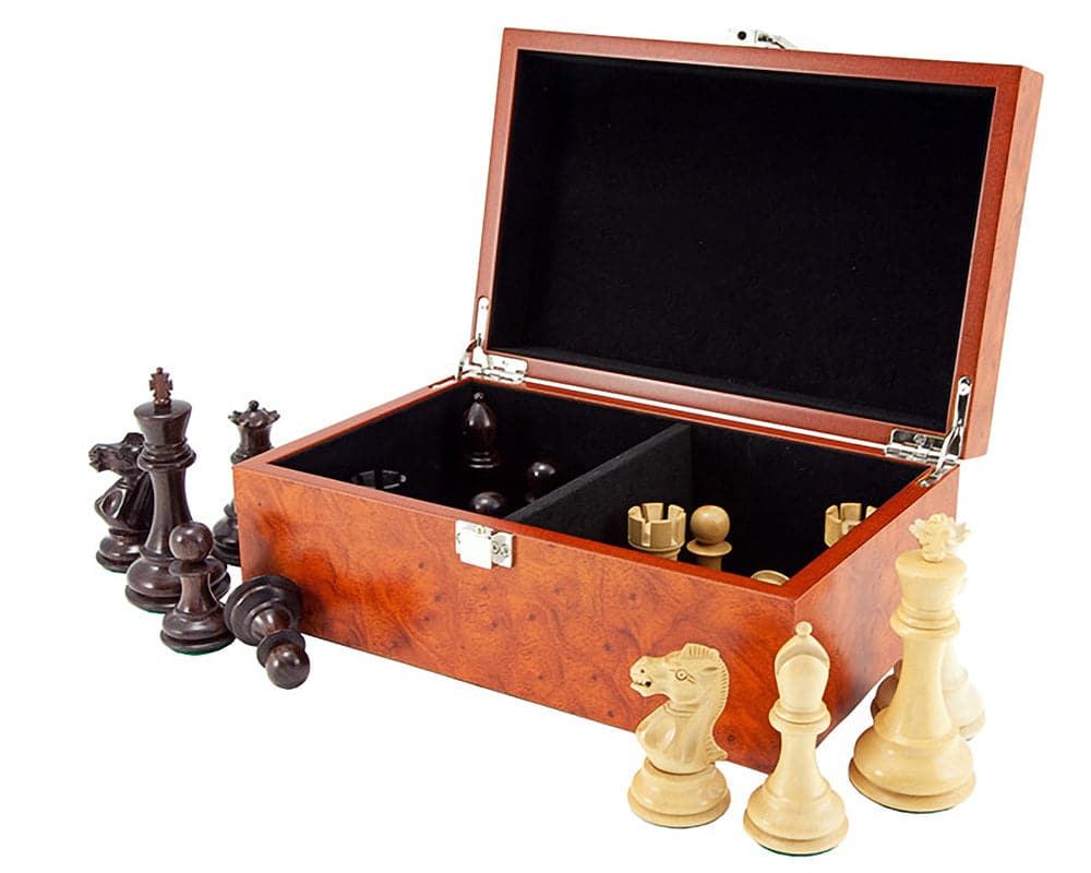 Root Wood Burl Chess Piece Case with Hinged Lid - Open View with Chess Pieces Scattered