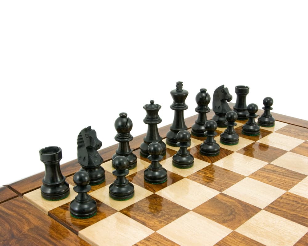 Down Head Knight Ebonised Staunton Chess Pieces on 16-inch Board - 3-Inch King