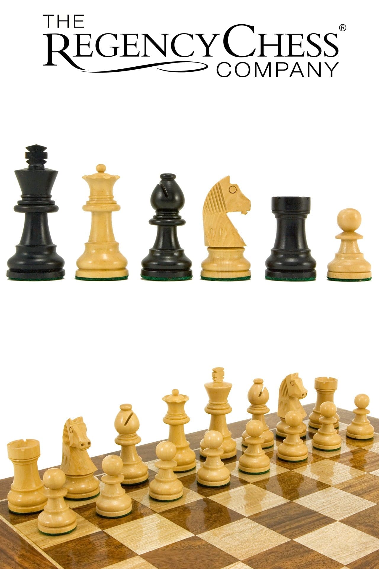 Down Head Knight Ebonised Staunton Chess Pieces 2.5 Inches from The Regency Chess Company displayed on a chessboard.