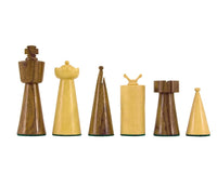 Art Deco Series Sheesham and Boxwood Chess Pieces featuring modern, cylindrically shaped 3.5-inch king, queen, bishop, knight, rook, and pawn.