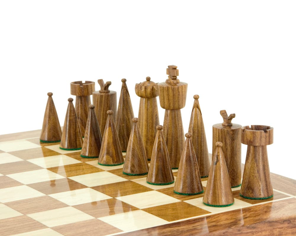 Art Deco Sheesham and Boxwood Chess Pieces on Board - 3.5 inch King - Chic, Contemporary Design