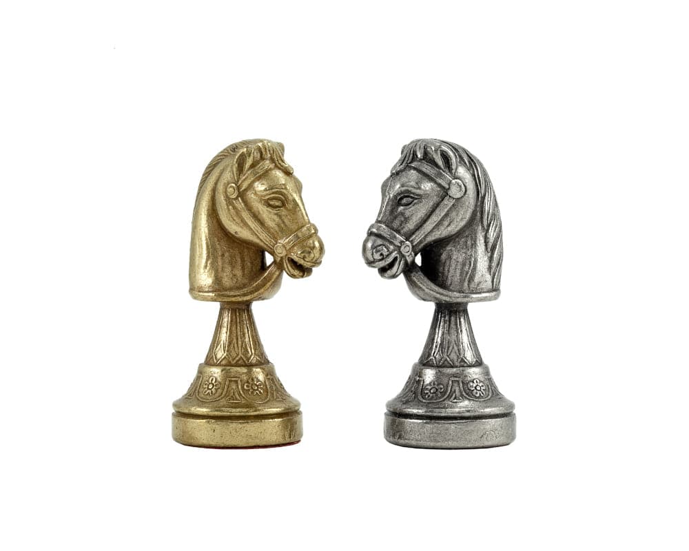 Finnesburg Series brass and nickel chess knight pieces expertly crafted in Italy by Mastellone Giuseppe