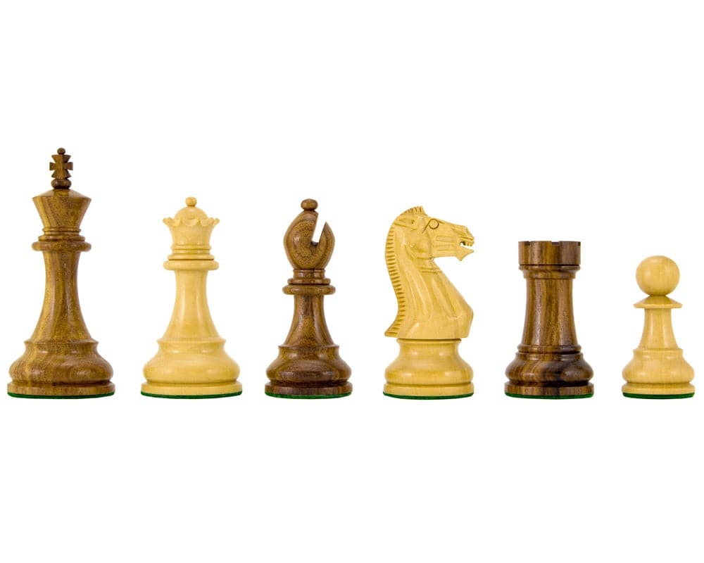 Hand finished Winchester Series Sheesham chess pieces, classic Staunton design, 4-inch king, perfect for a 21-inch board.