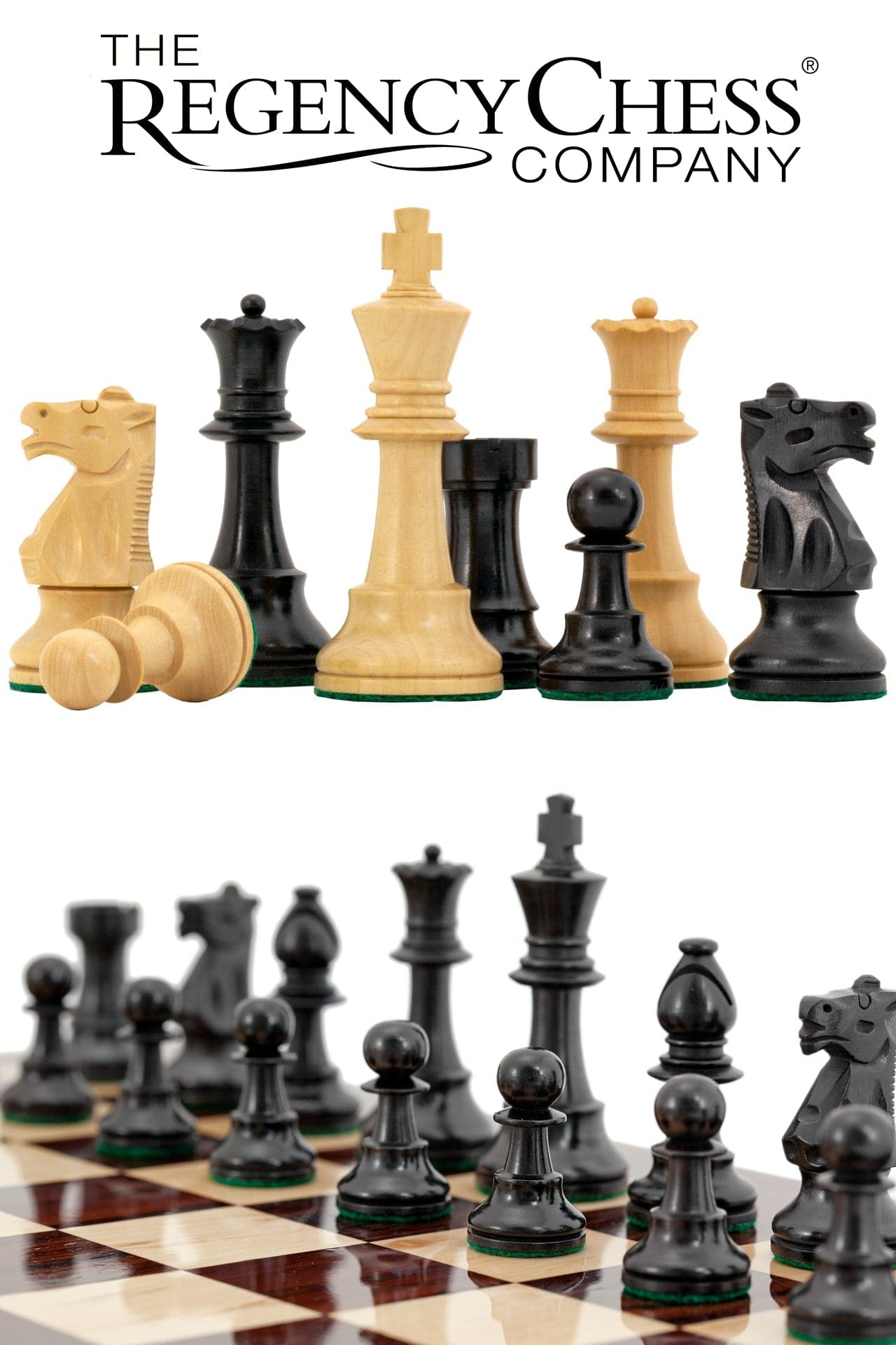 Conquest Series Ebonised Chess Pieces, traditionally Staunton, 4 inch king, hand turned boxwood, weighted and felted, by Regency Chess Company.