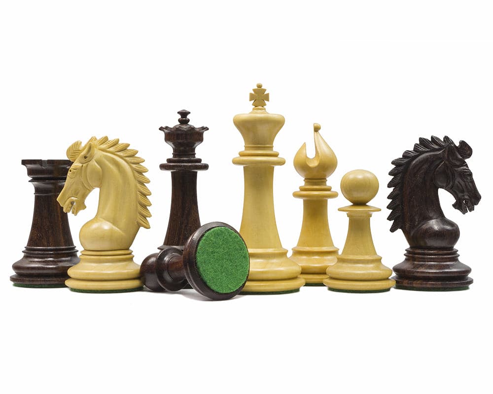 The Sheffield Knight Rosewood Chessmen set with 3.75 inch king, two additional queens, and ornate knights, suitable for 19 inch board.