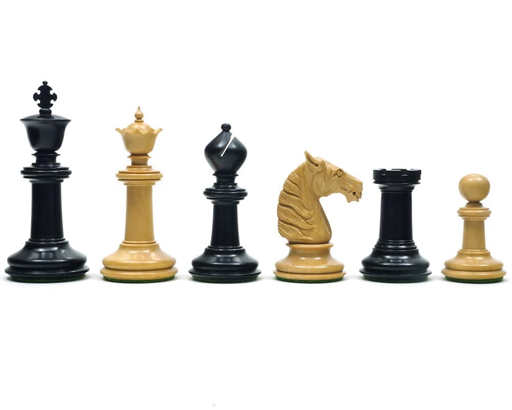 Traditional Staunton Ebony Bath Chessmen 3.75 inch luxury wooden chess pieces in ebony and boxwood with exquisite carvings and felted bases.